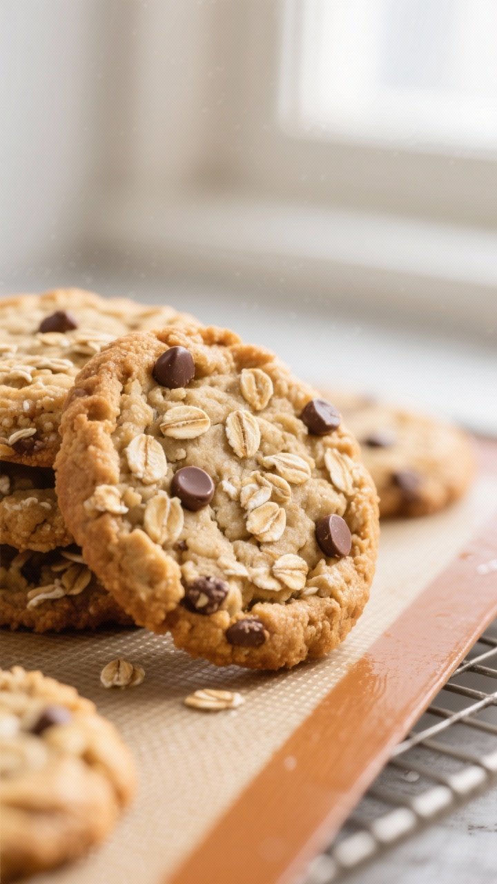 Close-up detail shot: freshly baked peanut butter banana oatmeal cookies just out of the oven on par