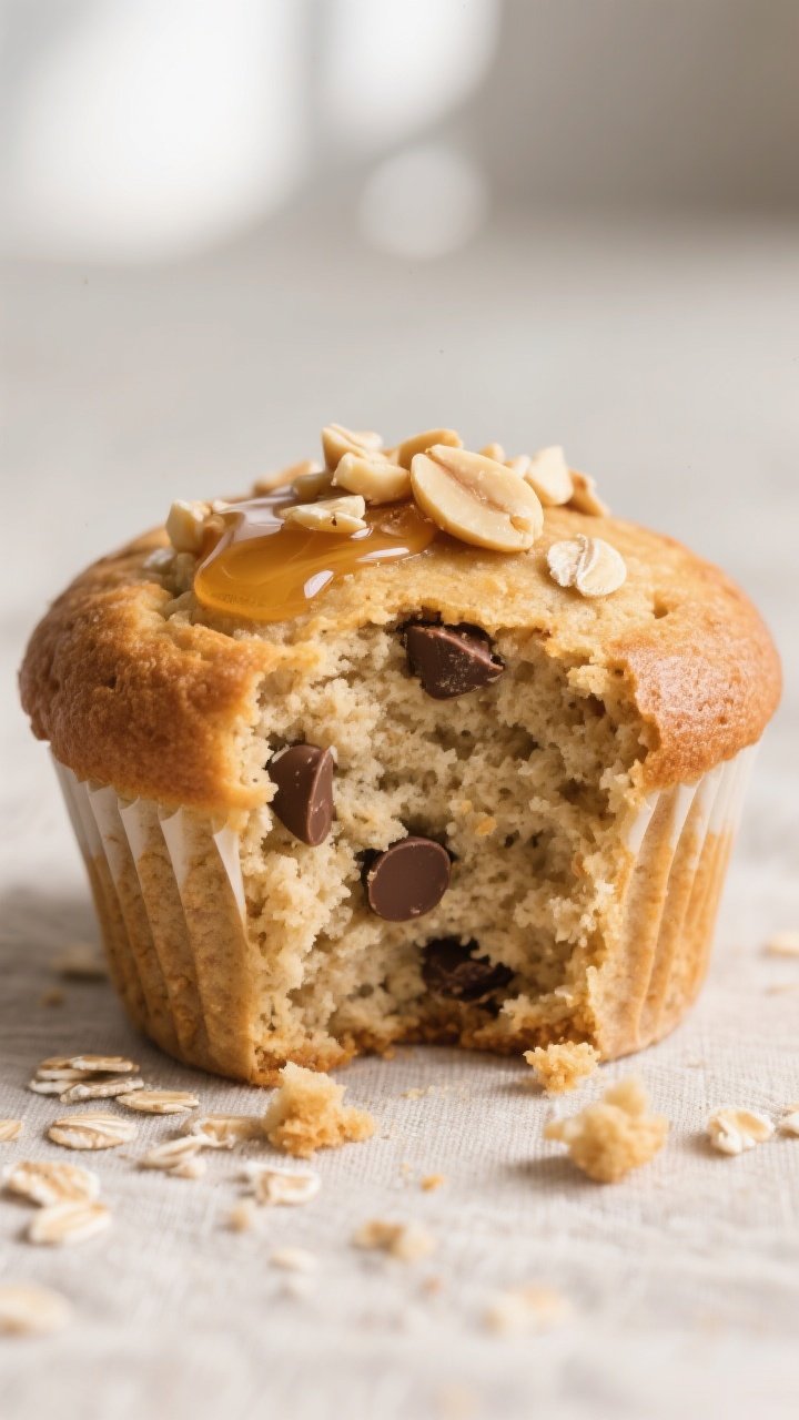 Close-up detail shot of a freshly baked oat flour peanut butter protein muffin torn open to reveal i