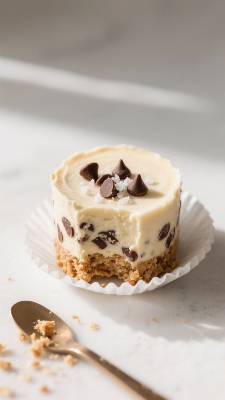Close-up detail shot of a no-bake chocolate chip protein cheesecake bite just unwrapped from a mini
