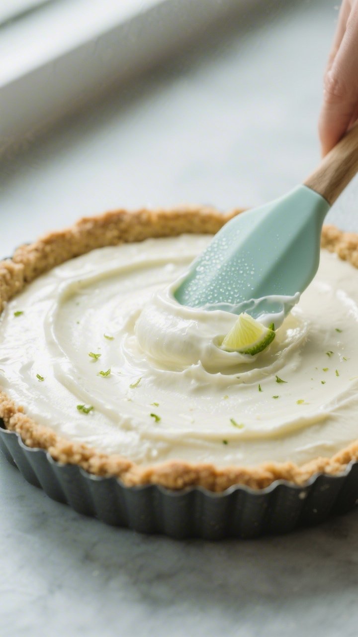 Close-up detail shot of a silky coconut-lime filling being smoothed into a chilled graham-coconut cr