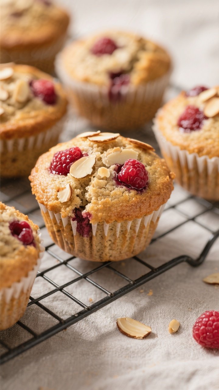 Close-up detail shot of freshly baked Coconut Flour Raspberry Almond Muffins just out of the pan on 