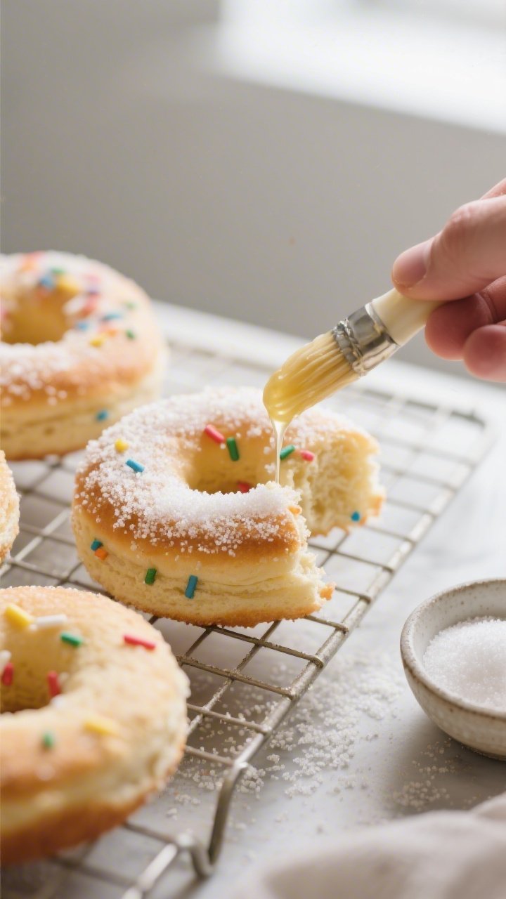 Close-up detail shot of freshly baked sourdough discard birthday cake donuts being brushed with melt