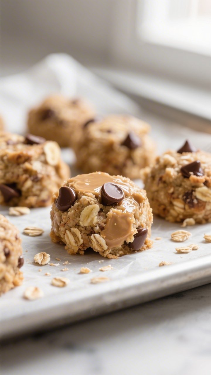 Close-up detail shot of no-bake banana oat cookie bites just after chilling on a parchment-lined tra