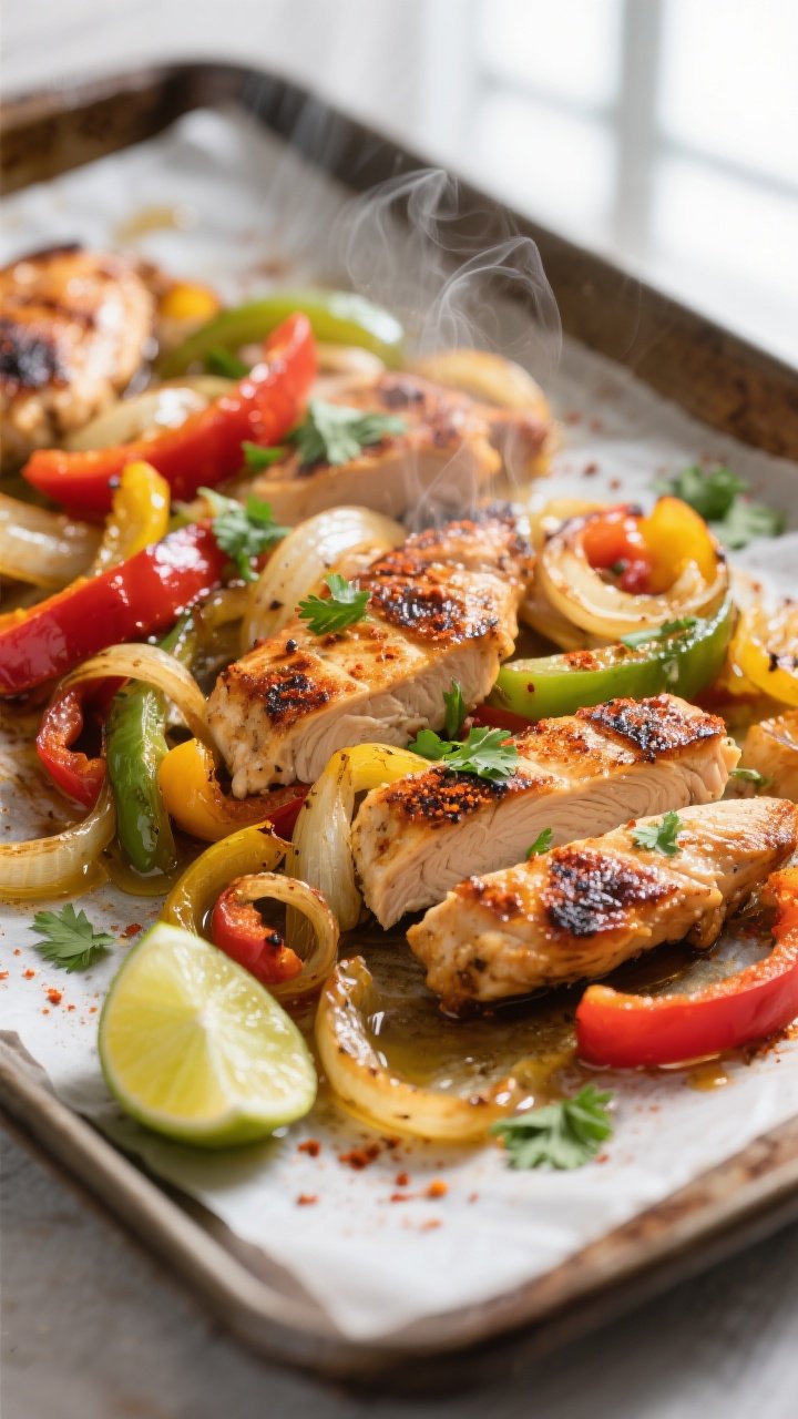 Close-up detail shot of roasted chicken fajita strips and caramelized peppers/onions just out of the