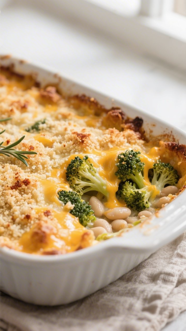 Close-up detail shot of the baked broccoli–white bean–cheddar casserole just out of the oven: bu