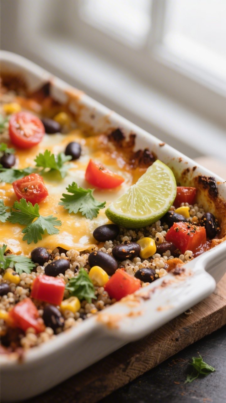 Close-up detail shot of the Mexican Bean & Quinoa Bake just out of the oven, showing swollen, tender