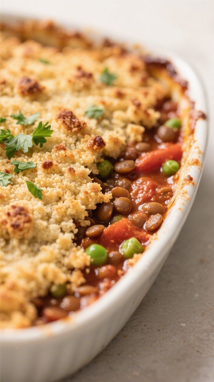 Close-up detail shot of the smoky paprika lentil bake just out of the oven: bubbling tomato-lentil f