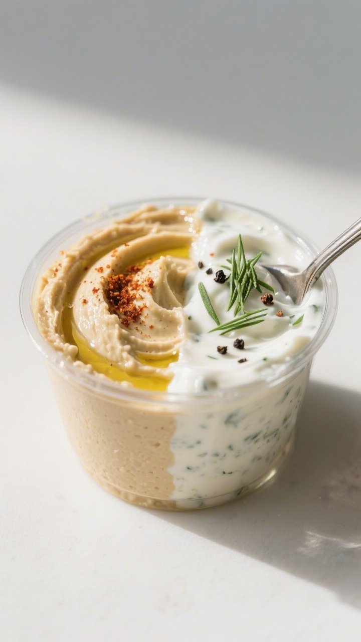 Close-up detail: Side-by-side layers of creamy classic hummus and tangy Greek yogurt ranch spooned i
