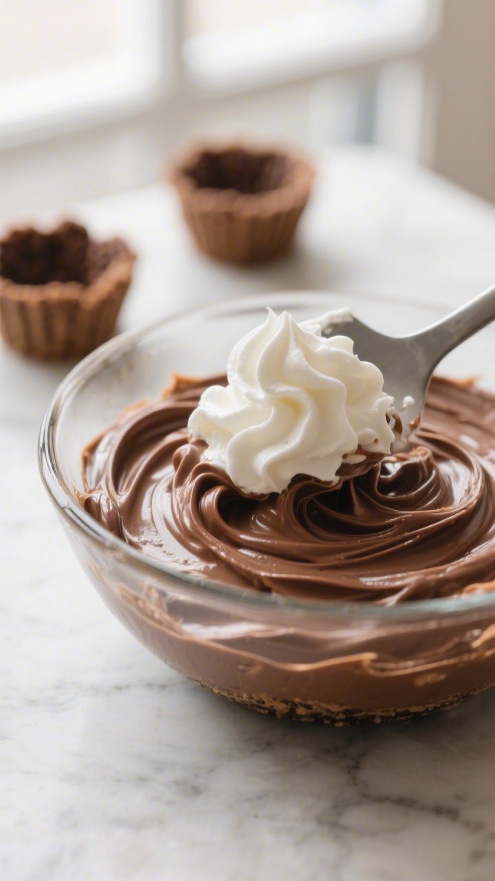 Close-up detail: Silky Nutella cheesecake filling being folded with freshly whipped cream in a glass