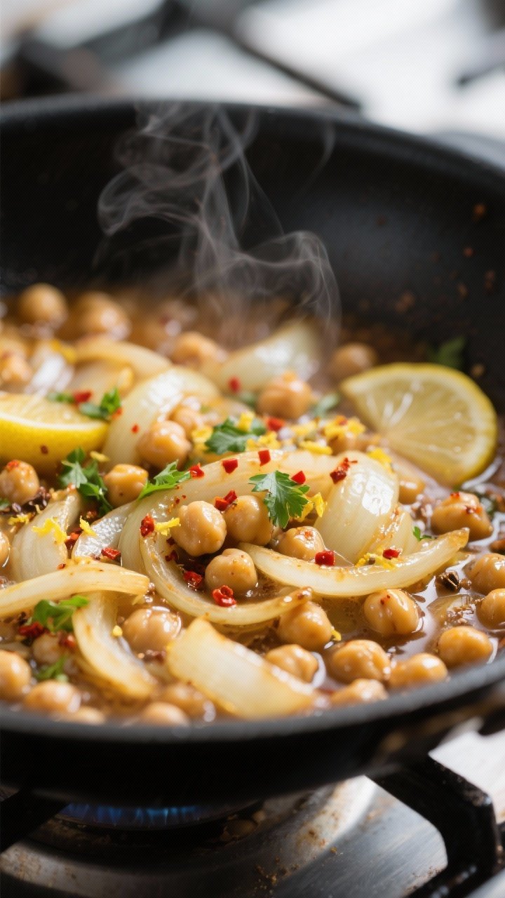 Close-up detail: Silky sautéed onions and chickpeas simmering in a lemon-garlic sauce in a black sk