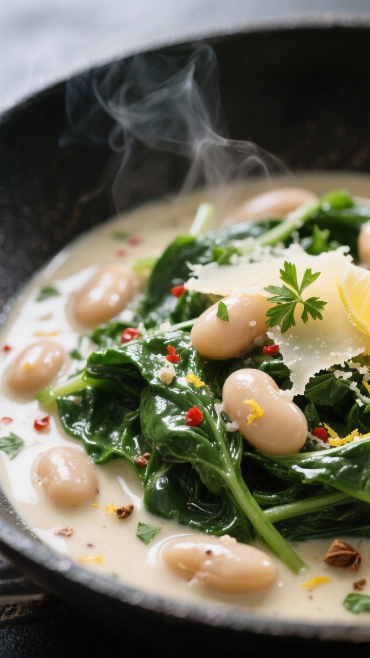 Close-up detail: Silky sautéed spinach and cannellini beans nestled in a creamy, Parmesan-laced sau
