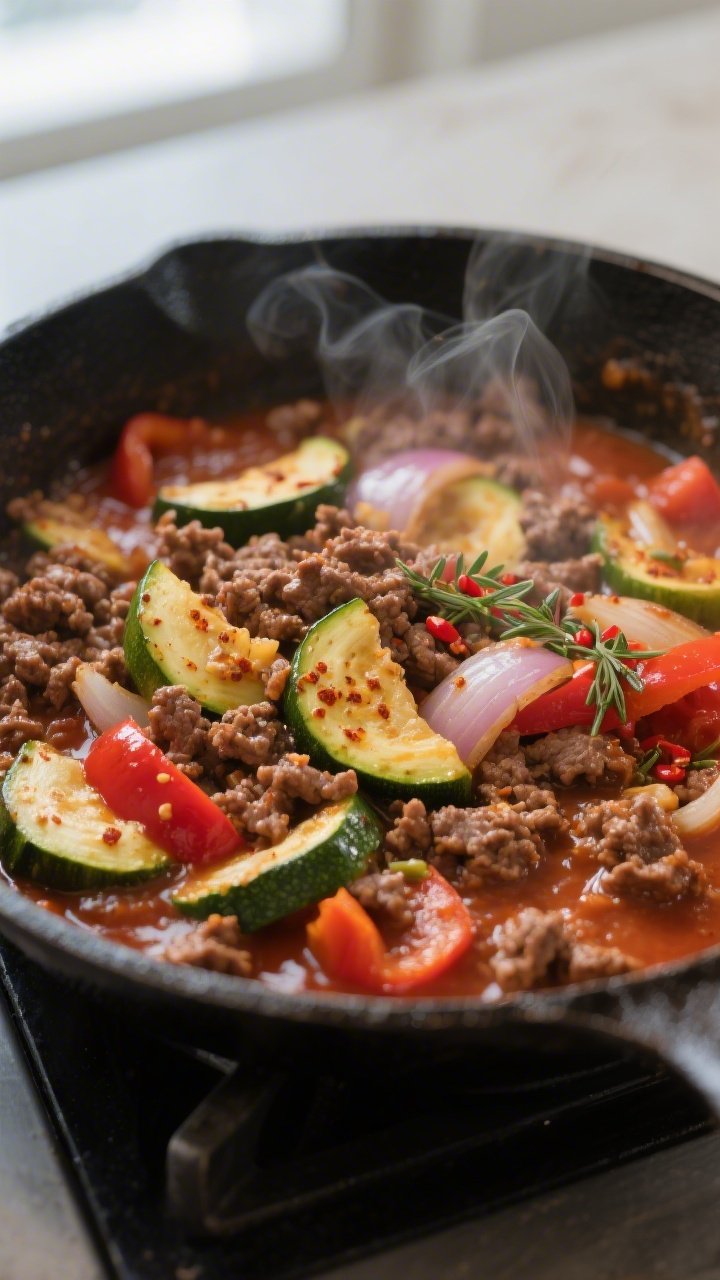 Close-up detail: Sizzling ground beef and zucchini skillet mid-simmer, showing browned beef crumbles
