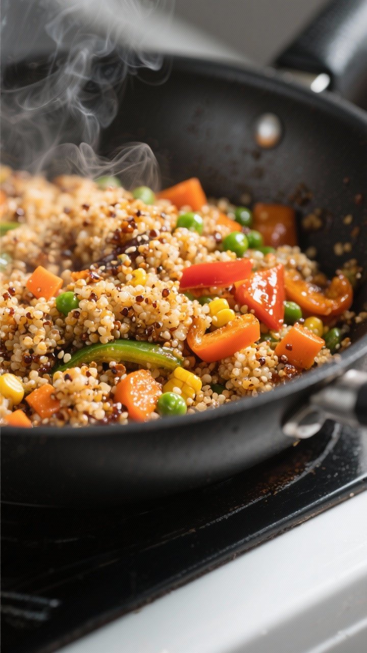Close-up detail: Sizzling vegan vegetable fried quinoa crisping in a wok, quinoa grains with golden-