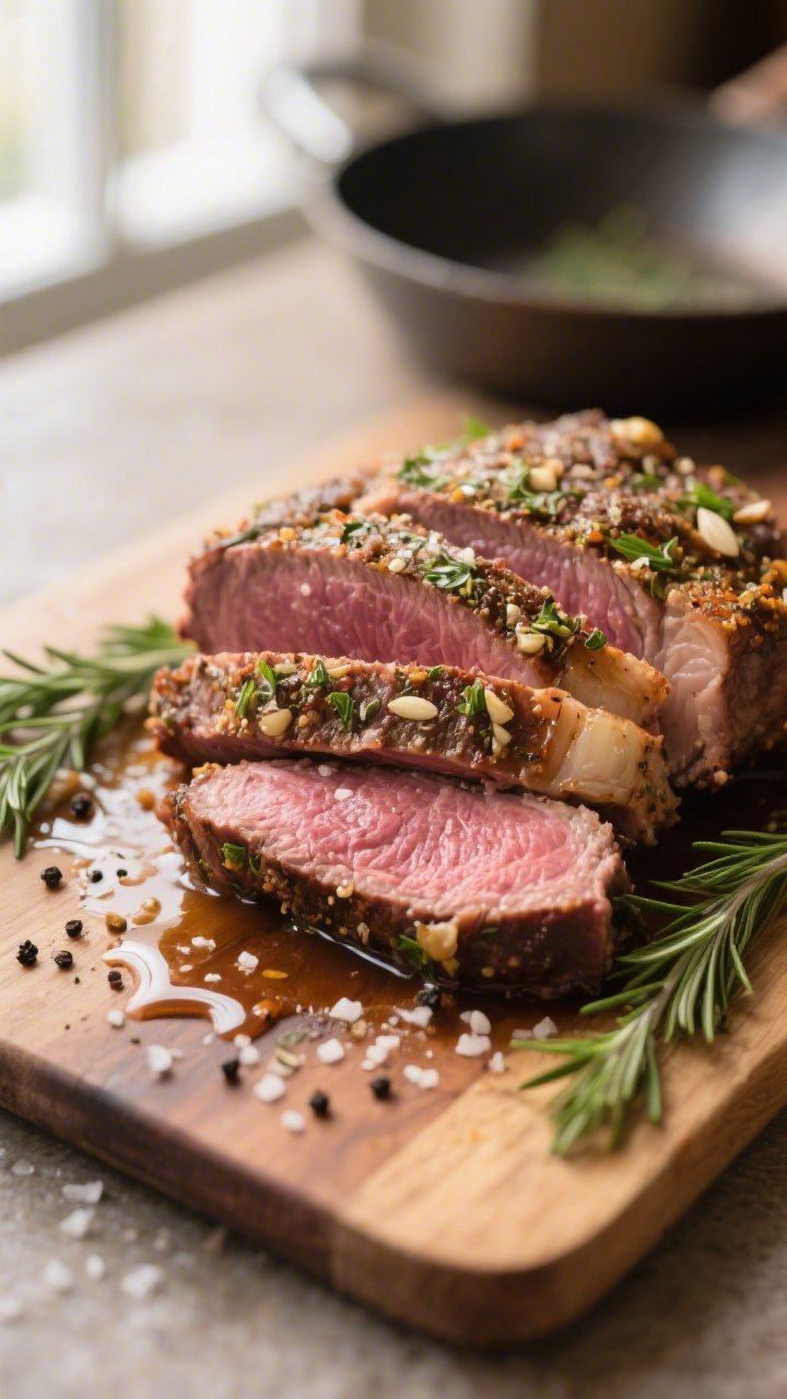 Close-up detail: Sliced garlic-herb crusted beef roast resting on a cutting board, medium-rare cente