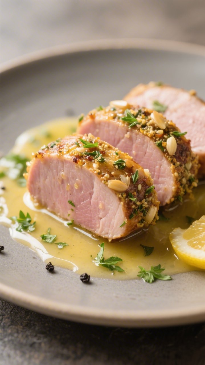Close-up detail: Sliced garlic-herb crusted pork tenderloin medallions just after resting, juices gl