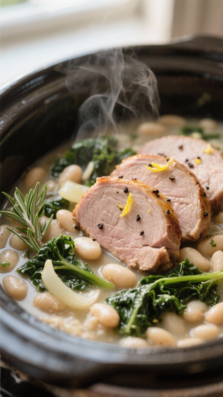 Close-up detail: Sliced pork tenderloin medallions folded back into creamy white beans and wilted ka