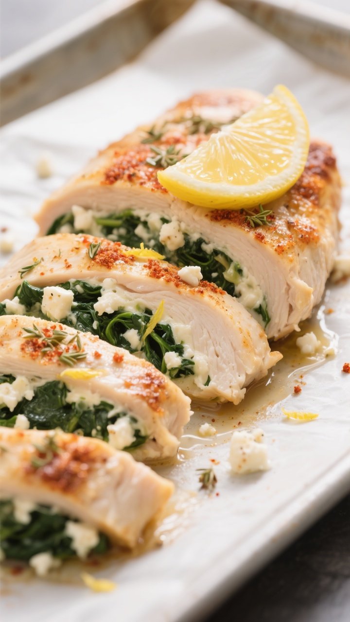 Close-up detail: Sliced spinach & feta stuffed chicken breast just out of the oven, showing juicy wh
