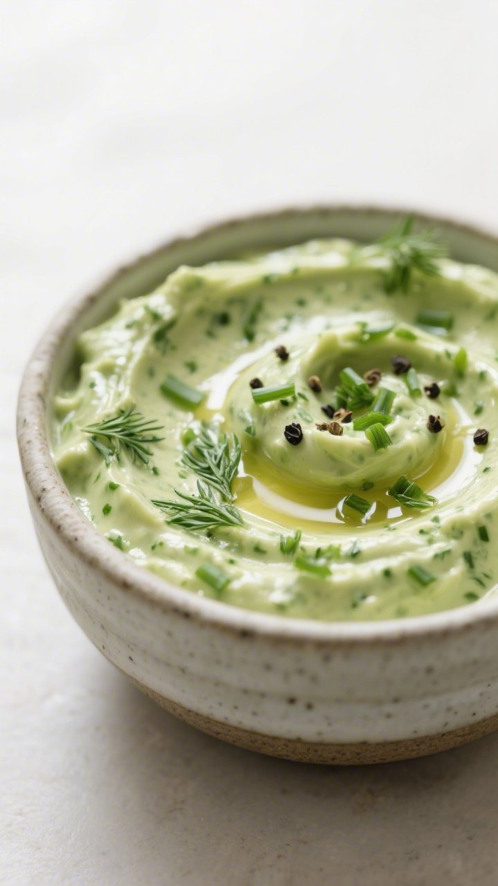 Close-up detail: Thick, creamy Avocado Ranch Spinach Protein Dip just after chilling, swirled in a s