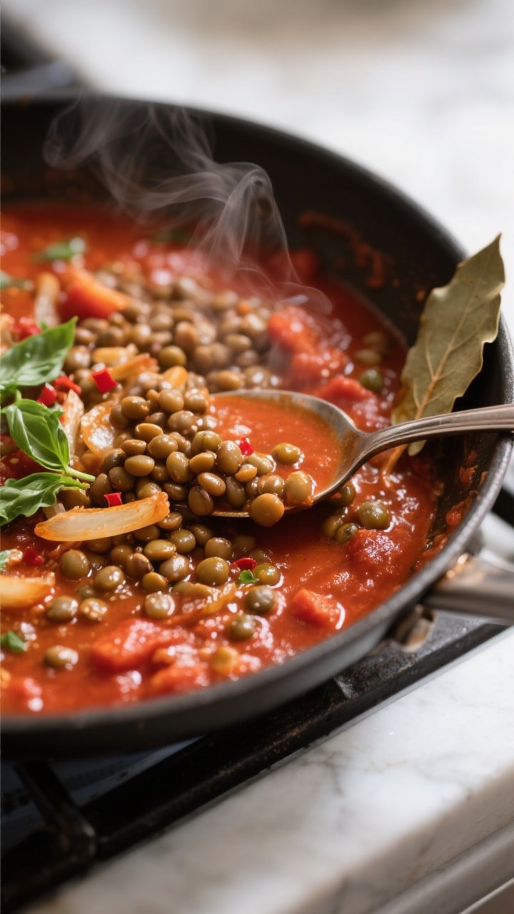 Close-up detail: Thick lentil marinara simmering in a shallow, wide skillet, showing tender brown-gr