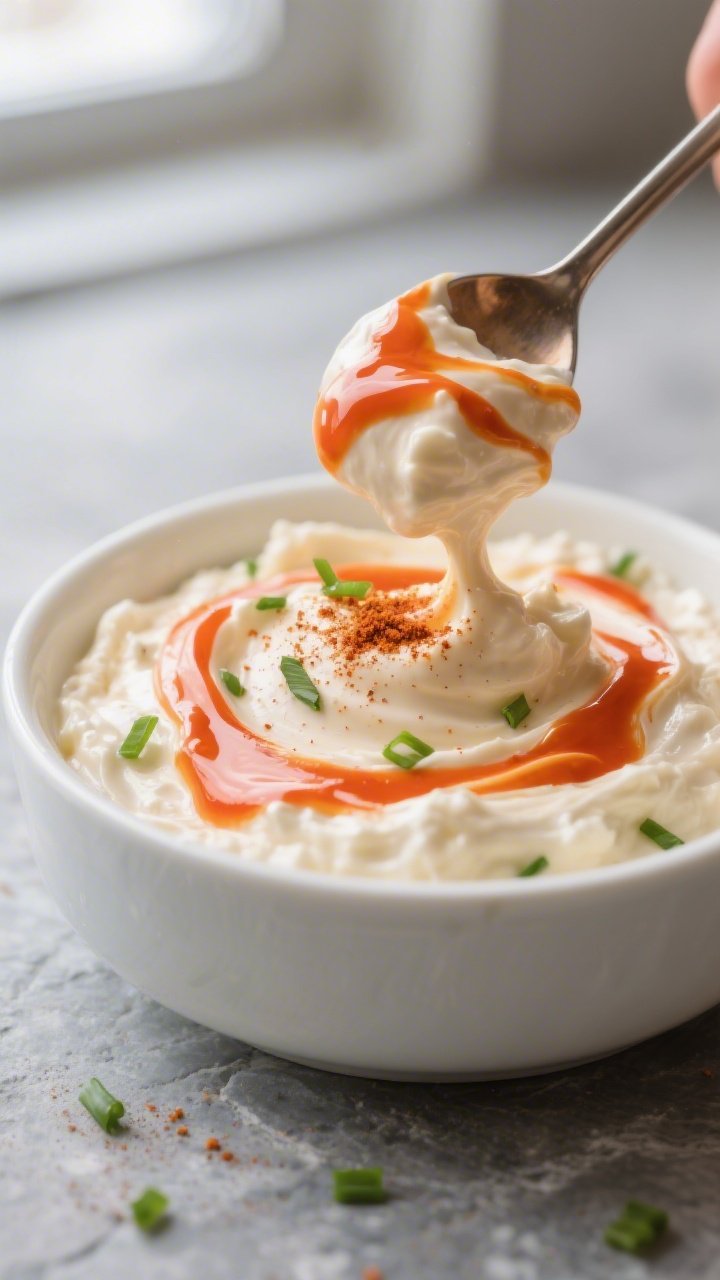 Close-up detail: Ultra-creamy buffalo ranch dip just blended smooth, spoon swirl creating glossy pea