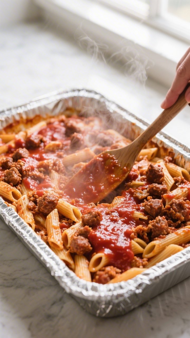 Cooking process: A 9x13-inch baking dish just out of the oven with the foil lifted back, revealing b