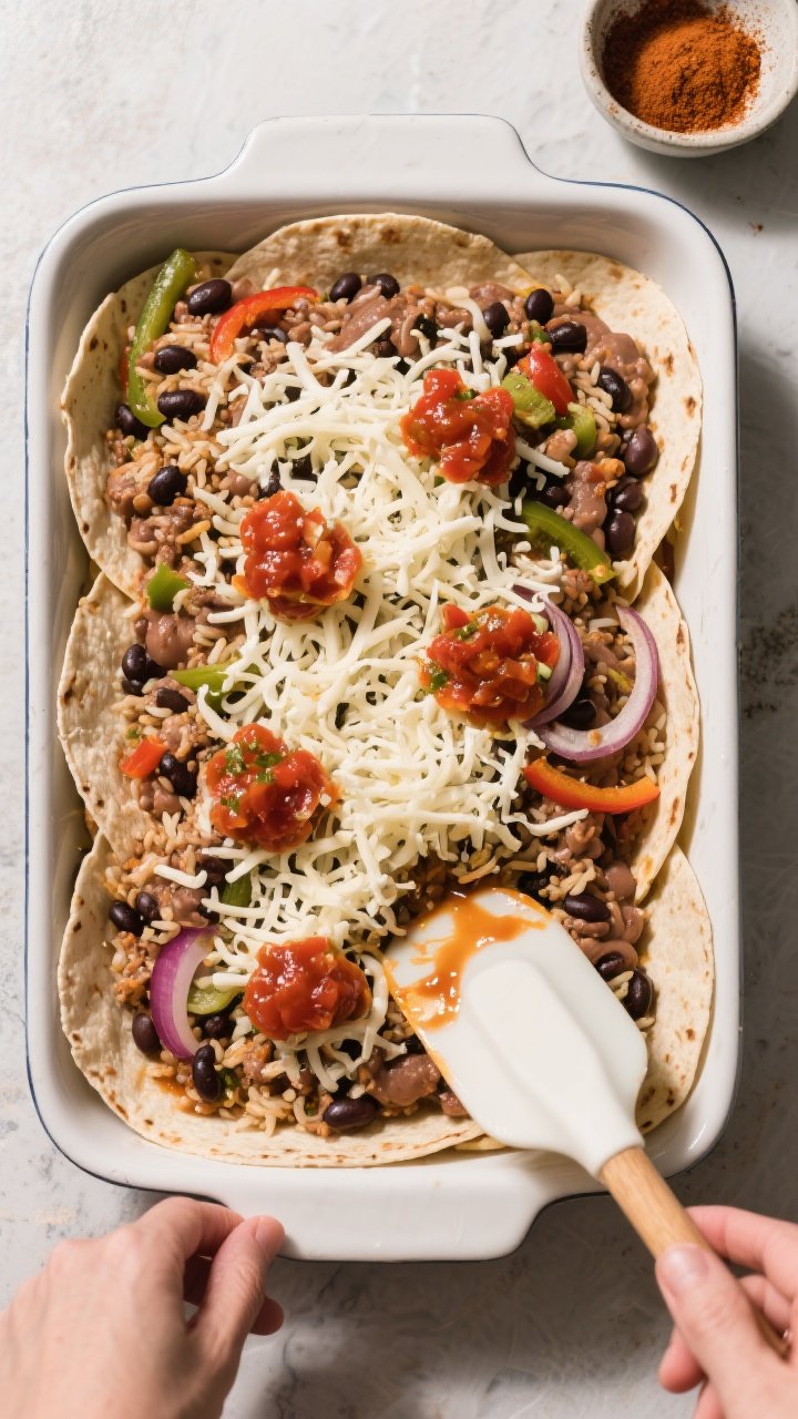 Cooking process: Assembly stage in the baking dish, overhead angle showing a neat layer of tortillas