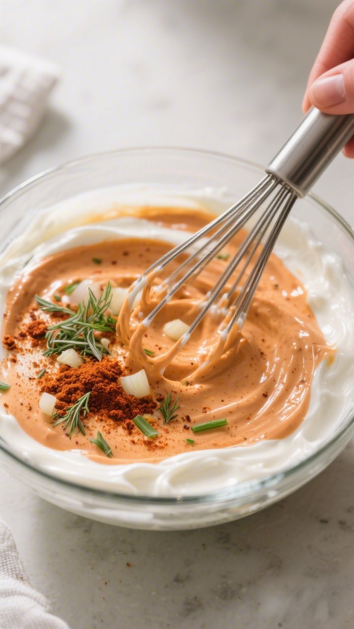 Cooking process close-up: A medium glass bowl of thick, creamy Greek yogurt being whisked with BBQ s
