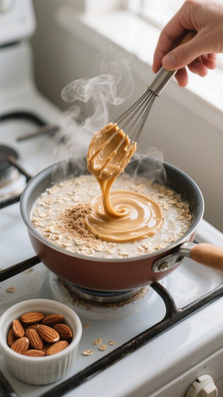 Cooking process close-up: A small saucepan of creamy rolled oats just off the heat, protein powder a