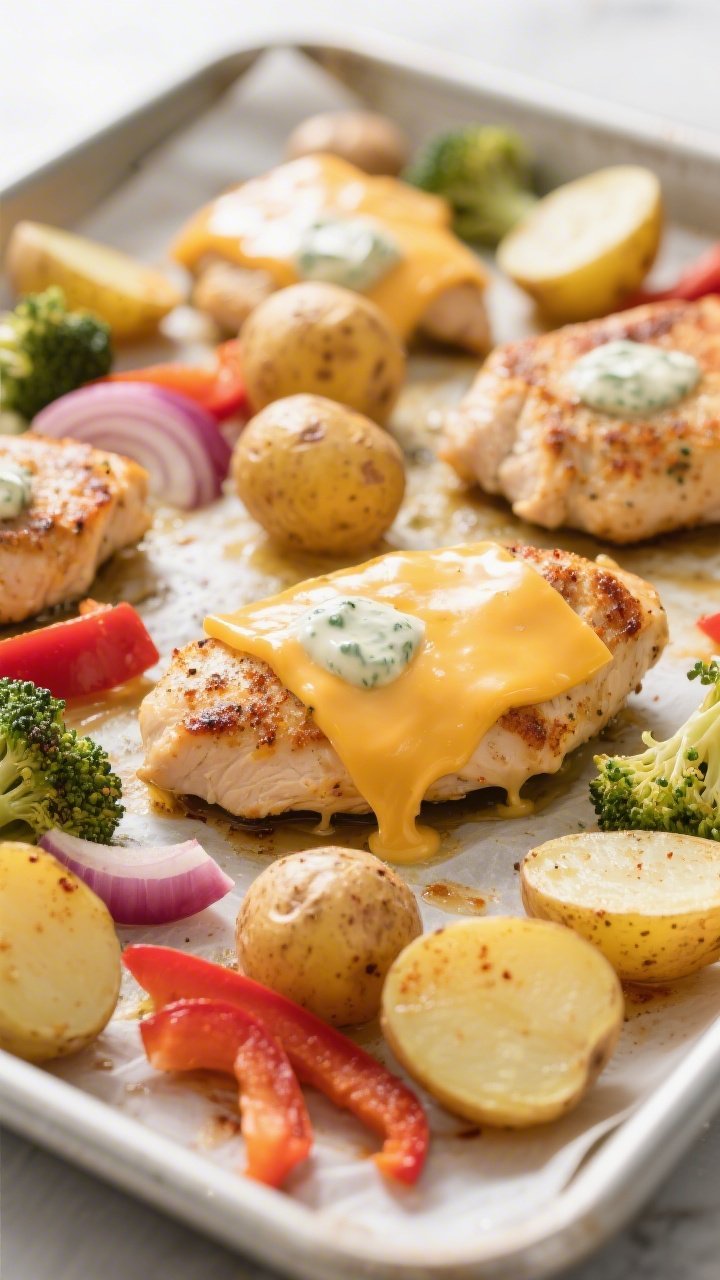 Cooking process, close-up detail: Golden baby potatoes and ranch-seasoned chicken cutlets roasting o