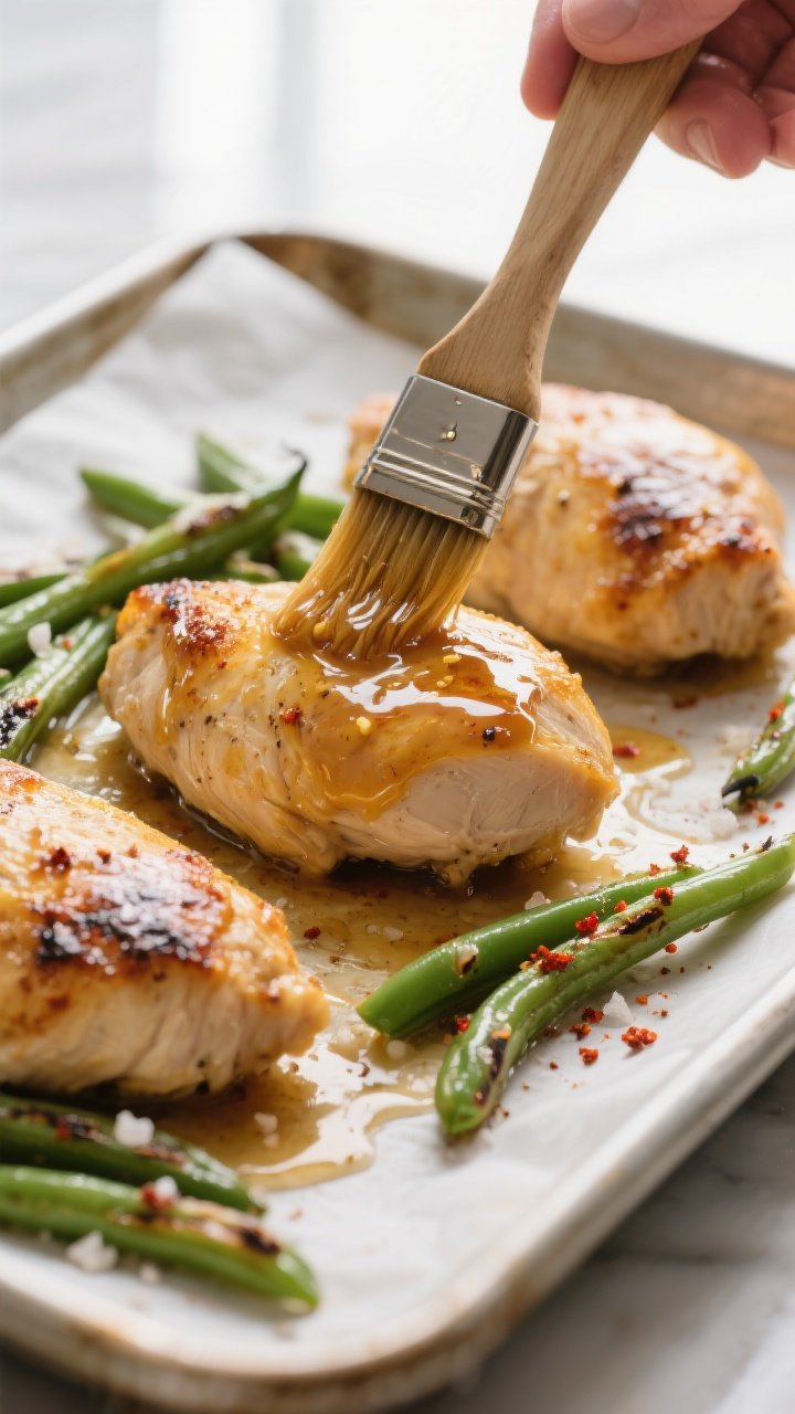 Cooking process, close-up detail: Golden, oven-roasted chicken breasts on a parchment-lined sheet pa
