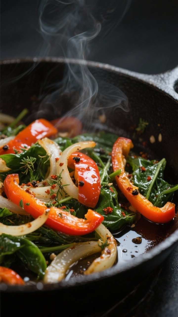 Cooking process, close-up detail: Sautéed bell peppers and onions with wilted spinach in a cast-iro