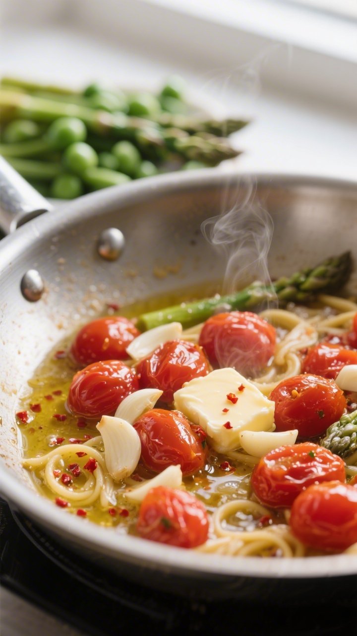 Cooking process, close-up detail: Sautéed cherry tomatoes and thinly sliced garlic sizzling in extr