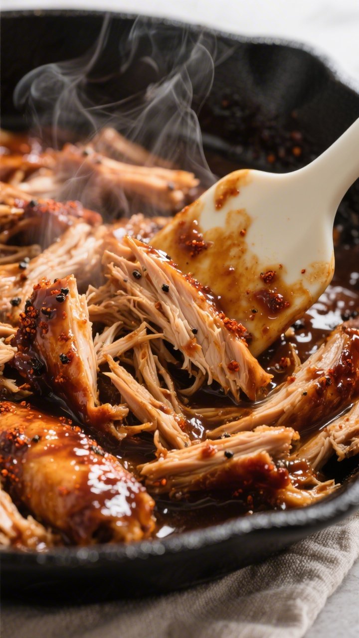 Cooking process close-up: Juicy shredded BBQ chicken simmering in a skillet, coated in glossy, thick