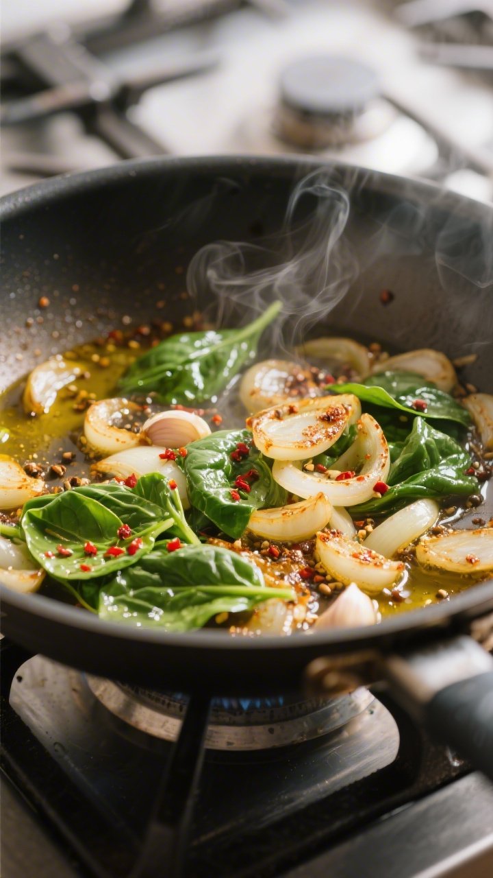 Cooking process close-up: Sautéed onion and garlic in olive oil with toasted cumin, smoked paprika,