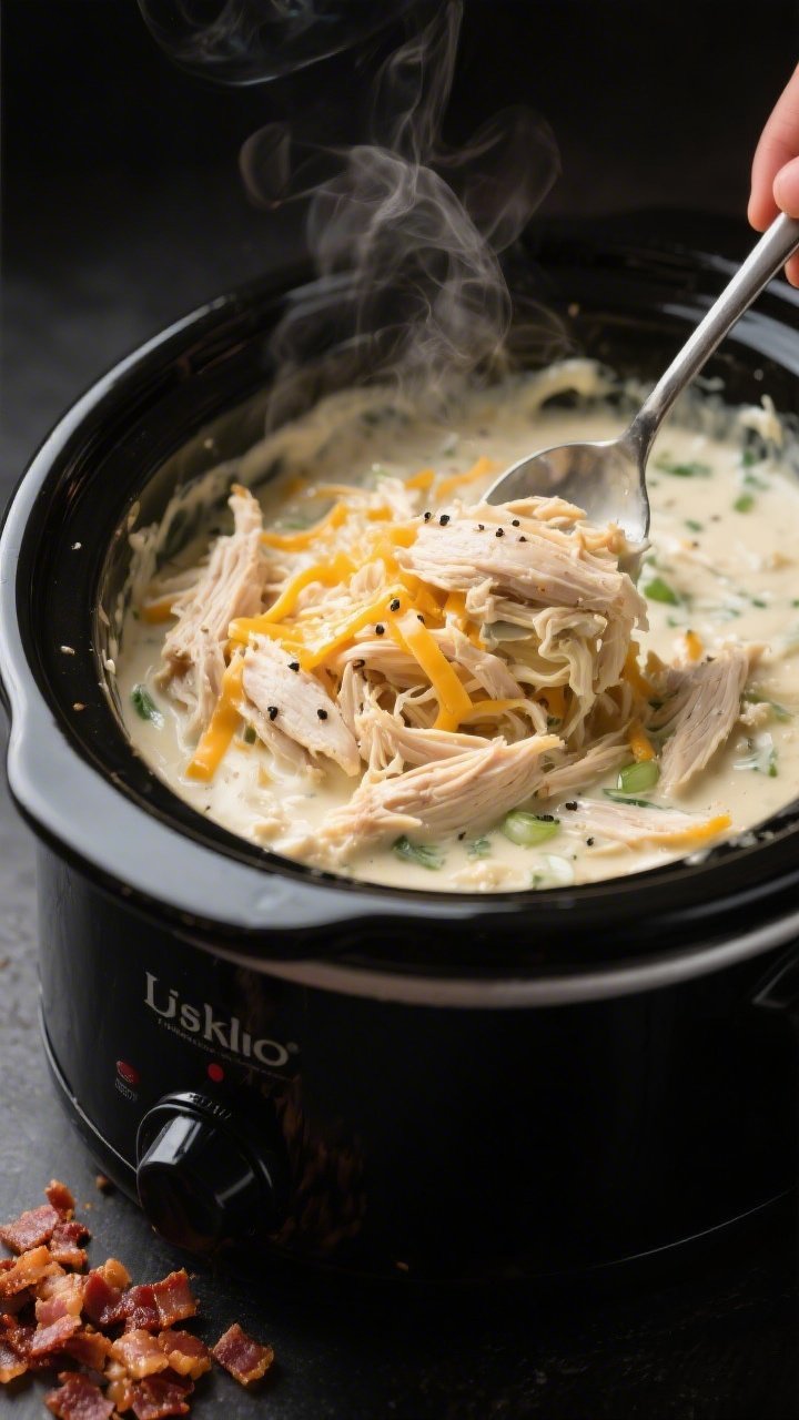 Cooking process close-up: Shredded crockpot cream cheese chicken being stirred back into a velvety s