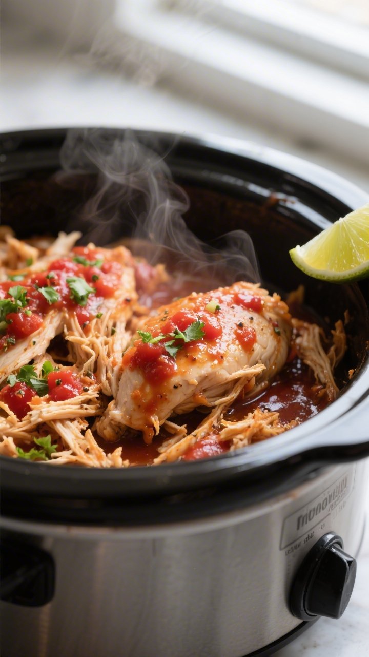 Cooking process, close-up: Shredded salsa chicken just returned to the slow cooker, glistening and s