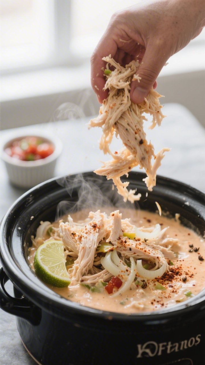 Cooking process close-up: Shredded slow-cooker chicken being tossed back into a creamy, melted cream