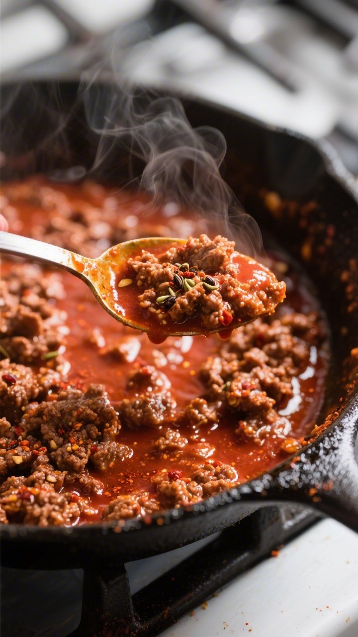 Cooking process close-up: Taco-seasoned ground beef simmering in a skillet until thick and jammy, fl