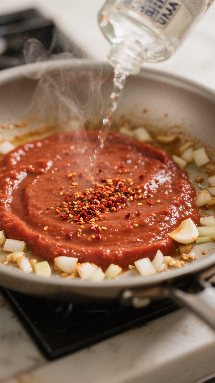 Cooking process, close-up: Tomato paste toasting in a wide sauté pan with softened diced onions and