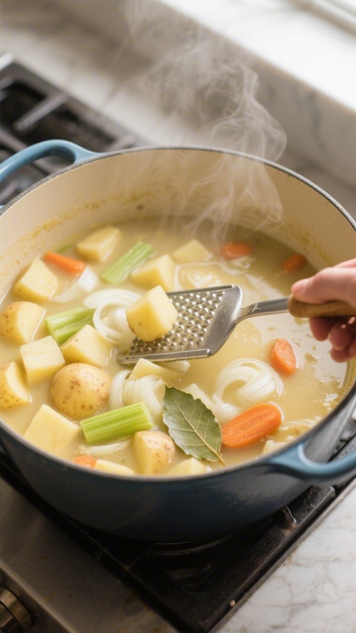 Cooking process — Light chowder base simmering: Overhead shot of a Dutch oven with tender Yukon Go
