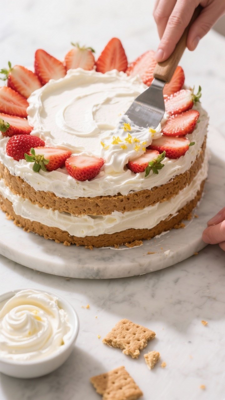 Cooking process: Mid-assembly shot of the cake in progress—second layer being completed. Overhead 