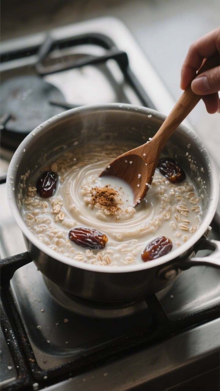 Cooking process: Oatmeal simmering gently in a heavy-bottomed saucepan, mid-stir with a wooden spoon