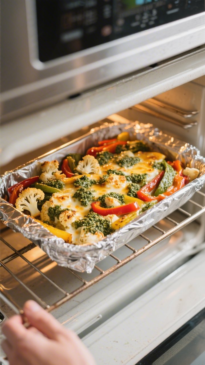 Cooking process: Overhead shot mid-bake at the 20–25 minute mark—9x13 casserole on the center ov