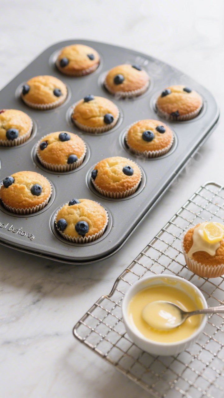 Cooking process: Overhead shot of a 12-cup muffin tin fresh from the oven, each cupcake domed and go
