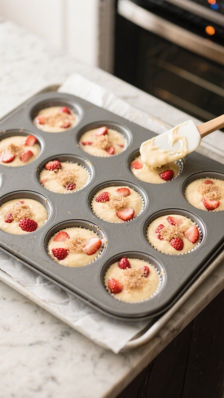 Cooking process: Overhead shot of a 12-cup muffin pan just filled with strawberry-studded batter, ea