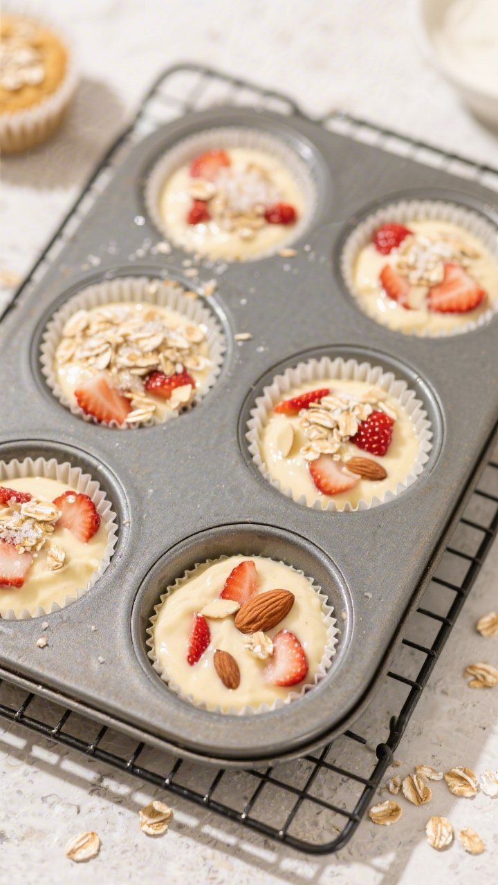 Cooking process: Overhead shot of a muffin tin filled 3/4 full with batter, showing evenly folded-in