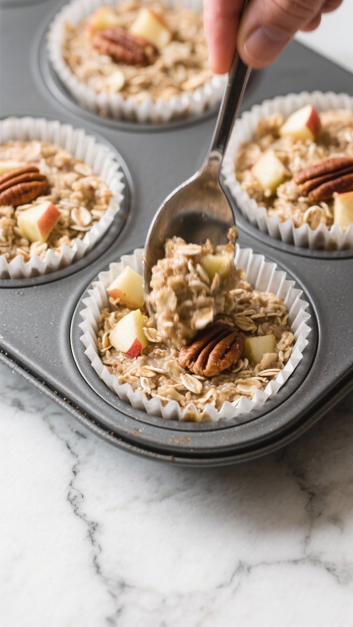 Cooking process: Overhead shot of a muffin tin lined with paper cups being firmly pressed with the b