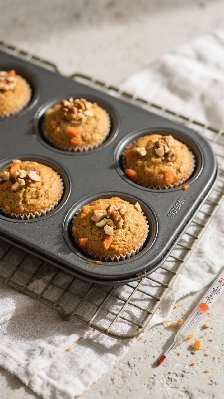 Cooking process: Overhead shot of a muffin tin straight from the oven on a cooling rack, each cup ho