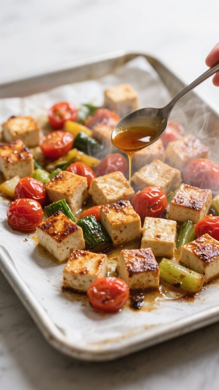 Cooking process: Overhead shot of a parchment-lined sheet pan just after the midway flip—tofu cube
