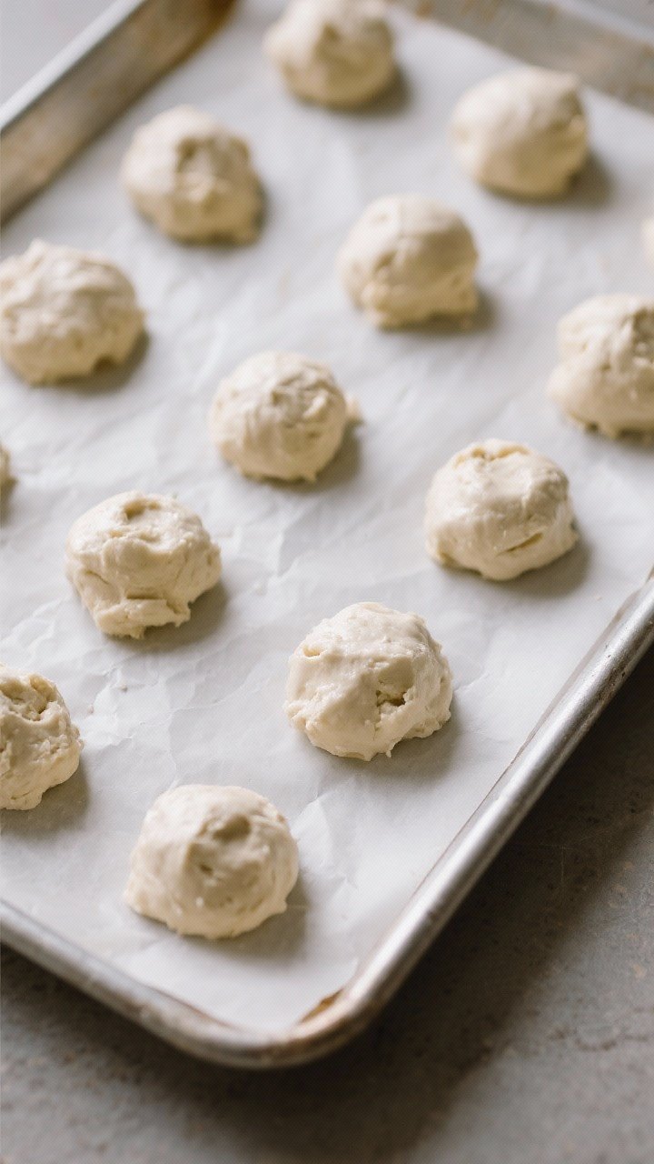 Cooking process: overhead shot of a parchment-lined baking sheet with evenly spaced scoops of chille